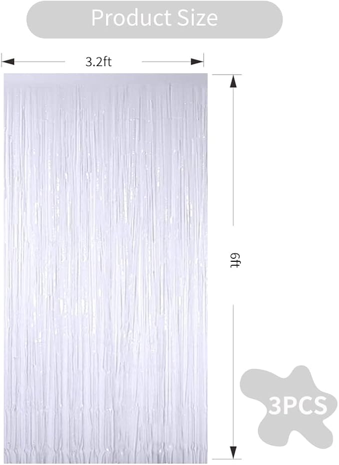 3Pcs White Metallic Tinsel Foil Fringe Curtains, 3.28ft x 6.56ft White Photo - Image 2