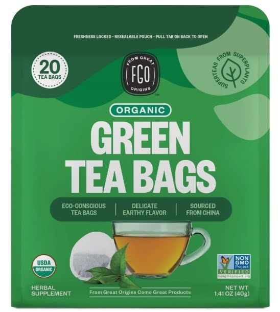 FGO Organic Green Tea, Caffeinated, Resealable Pouch, Packaging May Vary by FGO
