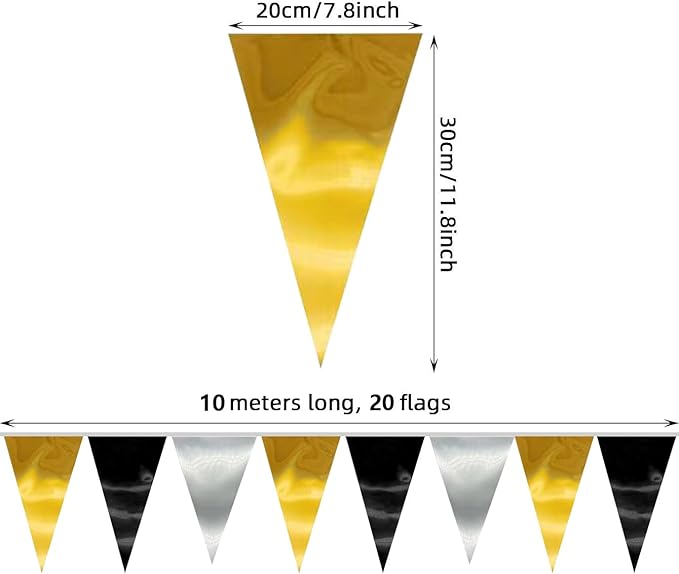 20M/65FT Black Gold Silver Triangle Pennant Banner Flag Metallic Fabric Bunting - Image 2