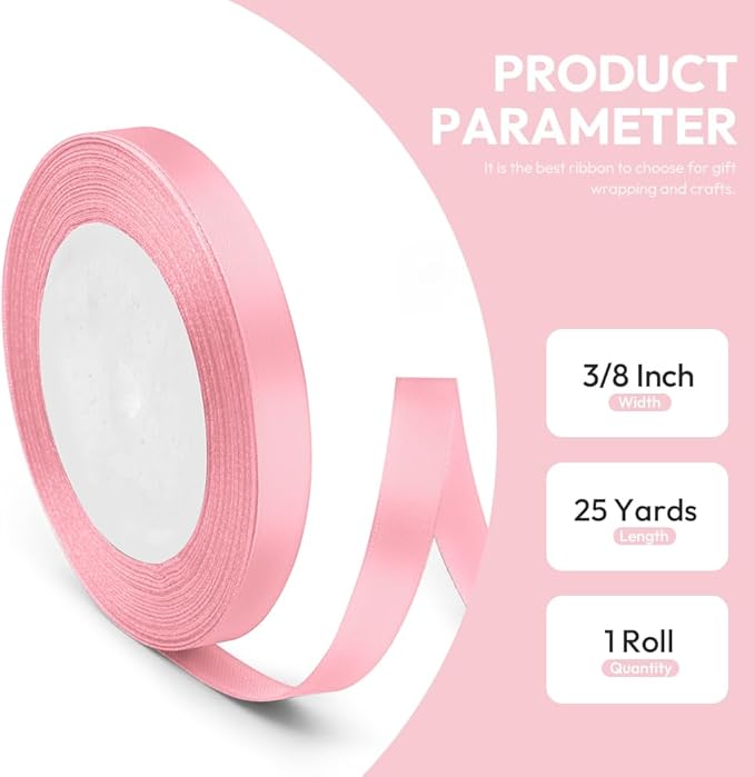 3/8" x 25 Yards Satin Ribbon, Light Pink Silk Ribbon Ideal - Image 2