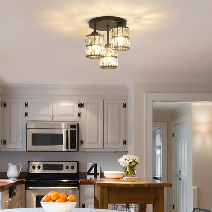 Modern Semi Flush Mount Ceiling Light, 3-Light Black Crystal Close to Ceiling - Image 4