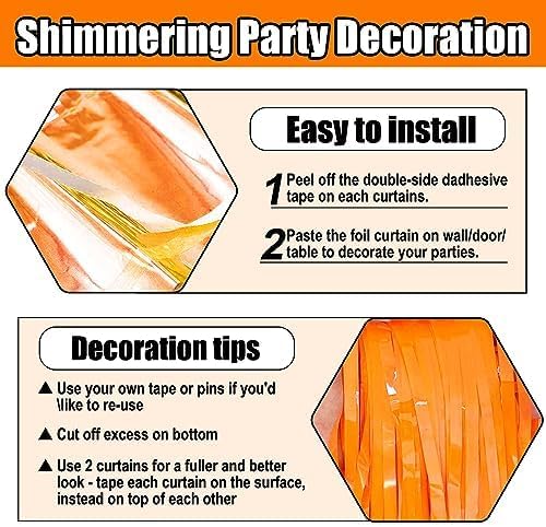 3 Pack Macaron Orange Foil Fringe Curtain Backdrop, 3.28Ft x 8.2Ft Metallic - Image 2