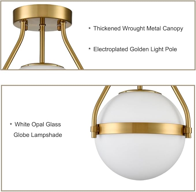 HOLKIRT Modern Semi Flush Mount Light, Mid Century Style 7Inch/18CM Brass Globe - Image 5