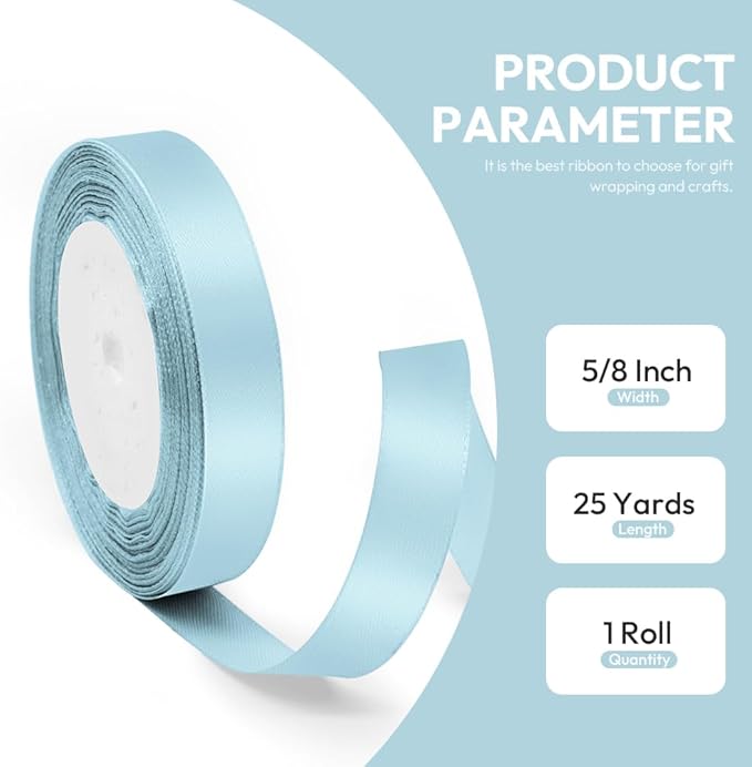 5/8" x 25 Yards Satin Ribbon, Light Blue Silk Ribbon Ideal - Image 2