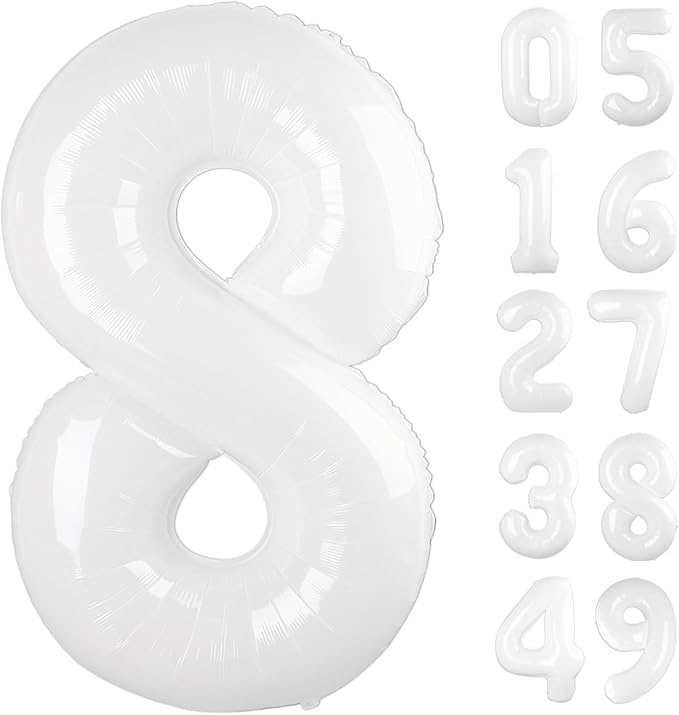 White Foil Number 8 Balloon 40 Inch, Helium Mylar Eight Number 8 18 28 38 48 58 by Upgesy