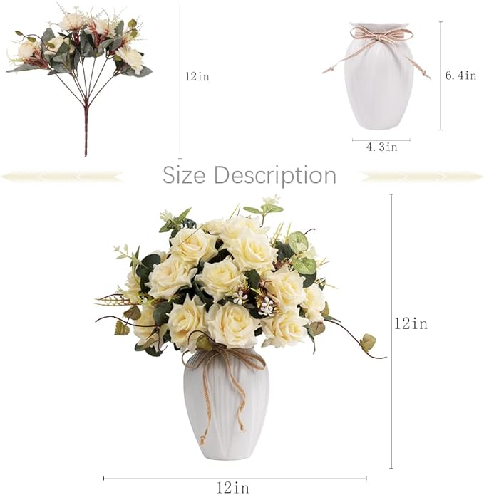 LESING Artificial Rose with Vase, Fake Silk Flowers Bouquets in Vase Table - Image 4