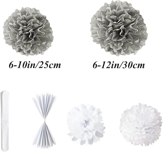 12pcs 10in 12in Grey Paper Pom Poms Tissue Paper Flower Hanging Paper Flower - Image 2