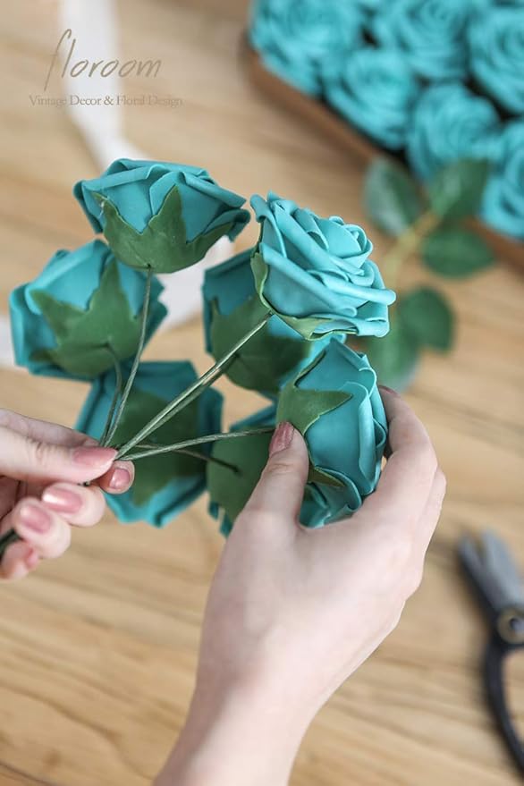 Floroom Artificial Flowers 25pcs Real Looking Teal Green Foam Fake Roses - Image 4