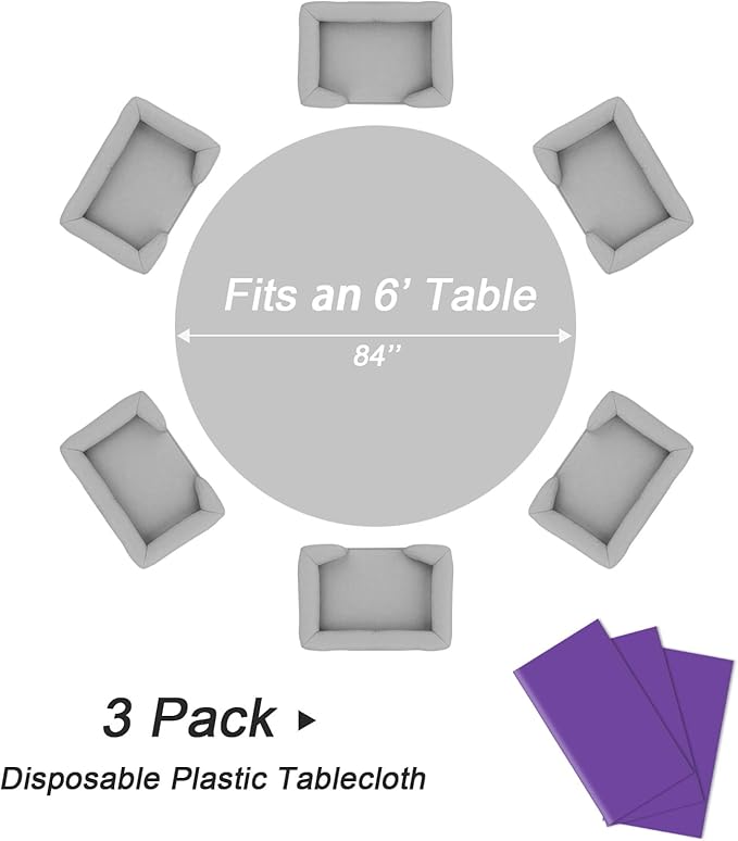 QIKSION Purple Round Tablecloth 3 Pack, 84 Inch Plastic Table Cover Disposable - Image 5