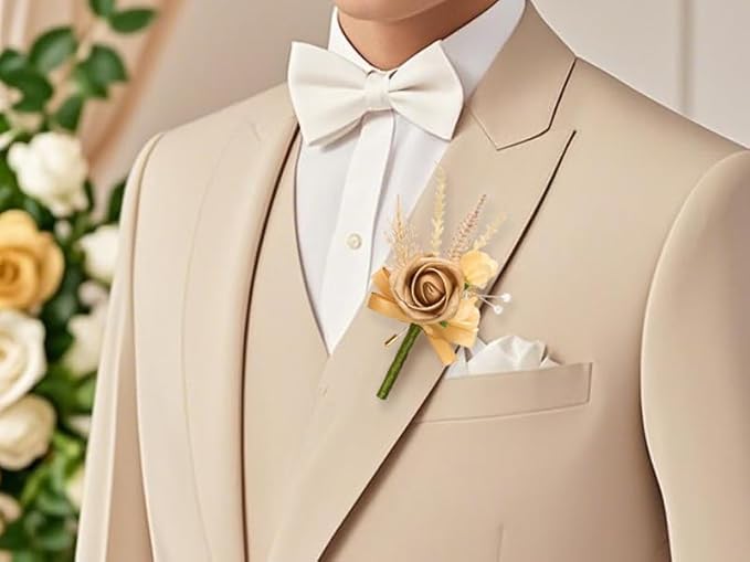 Serwalin 10Pcs Boutonniere for Men, Khaki Groom and Best Man Boutonniere - Image 5