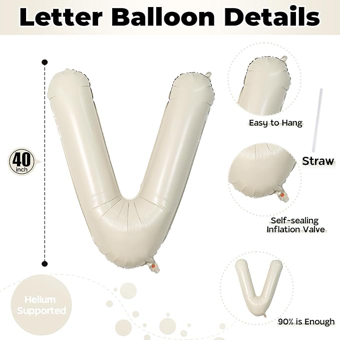 V Letter Balloons Cream, 40 Inch Alphabet Foil Word Balloons, Large Mylar - Image 2