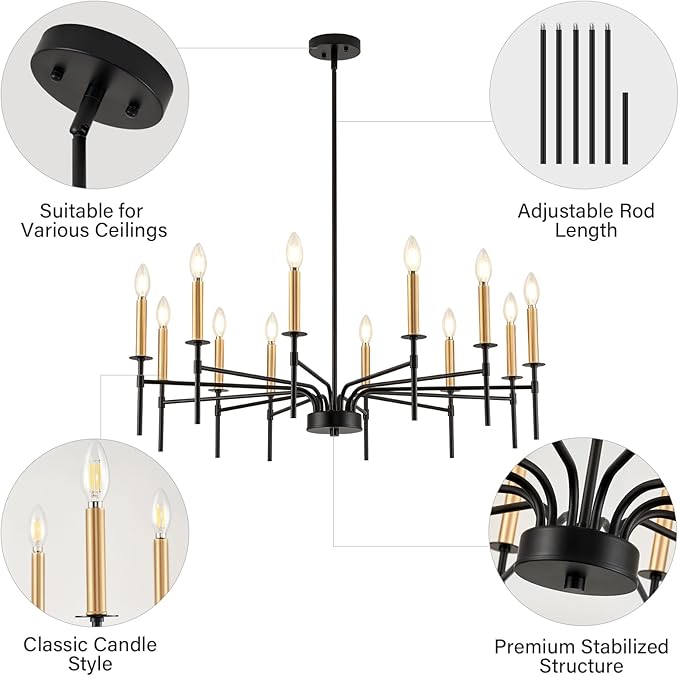 12 Light Modern Farmhouse Black and Gold Chandeliers - Image 7