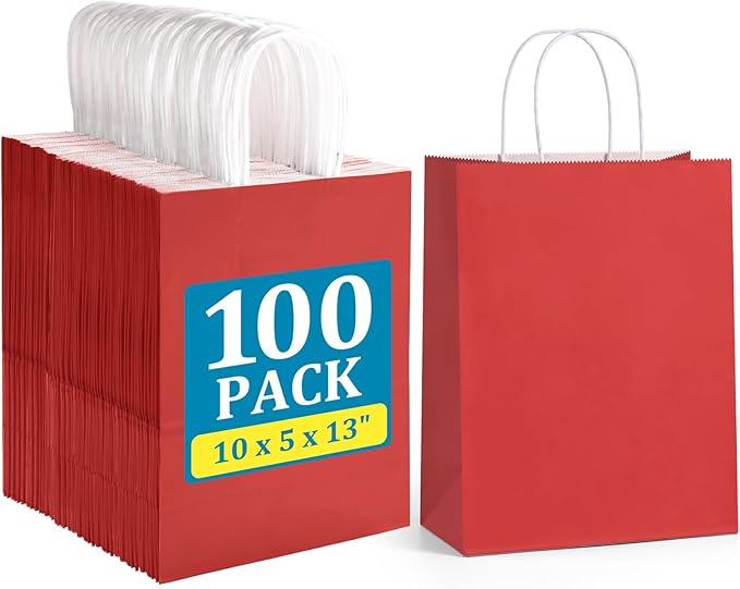 BagDream Red Gift Bags 10x5x13 Inch 100Pcs Large Kraft Paper Bags Bulk by BagDream