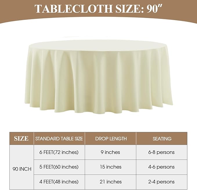 Round Tablecloth 2 Pack 90 Inch Ivory Tablecloths Washable Decorative Linen - Image 2