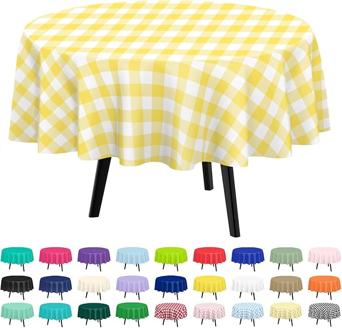 QIKSION Yellow Gingham Round Tablecloth 3 Pack, 84 Inch Plastic Checkered Table by QIKSION