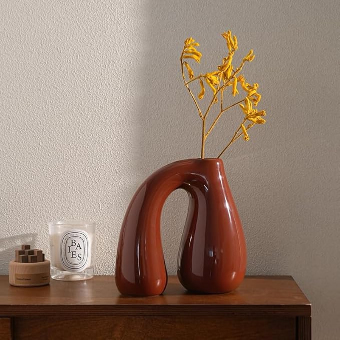 Brown Ceramic Vase – Glossy Modern Sculptural Décor, Arch Handle Artistic Design - Image 7