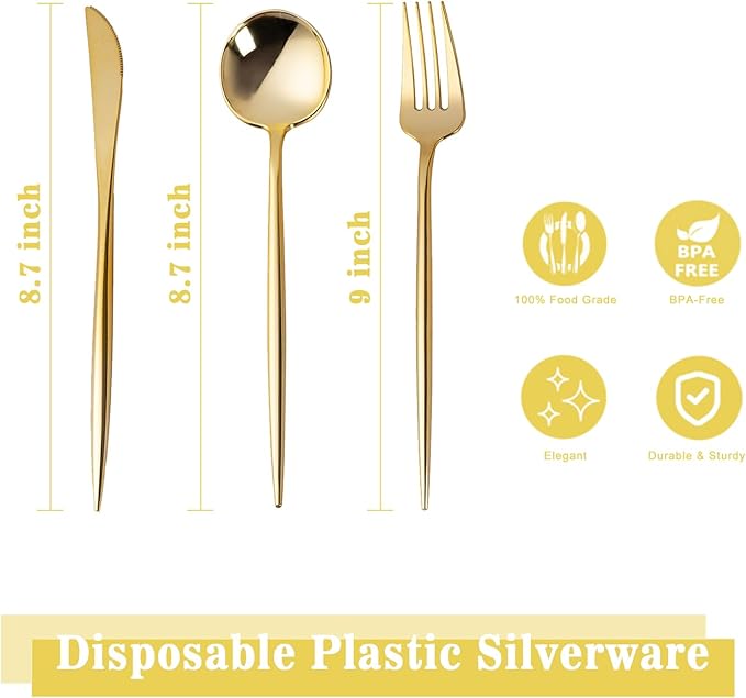 150PCS Gold Plastic Silverware, Heavy Duty Disposable Utensils Include 50 Forks - Image 2
