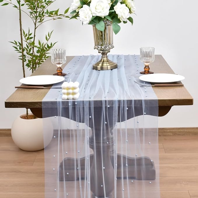 Joanlody Fall Pearl Table Runner 10ft Rustic Boho Tulle Table Runner - Image 2