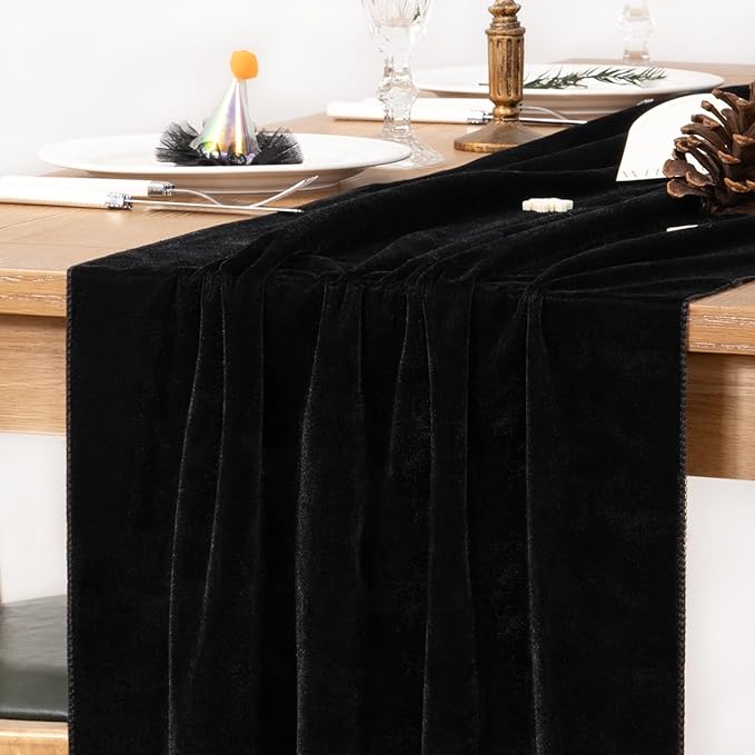 MLMC Black Velvet Table Runner 10ft Glossy Luxury Velvet Fall Table Runner by MLMC