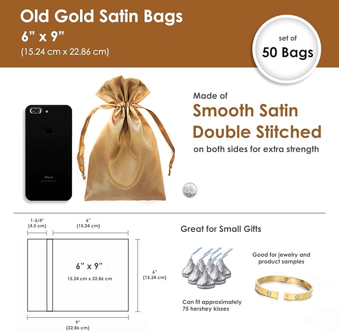 6" x 9" Old Gold Satin Gift Bags, Jewelry Bags, Wedding Favor Drawstring Bags - Image 4