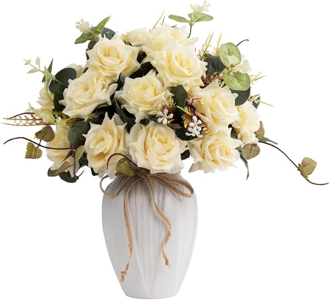 LESING Artificial Rose with Vase, Fake Silk Flowers Bouquets in Vase Table by LESING