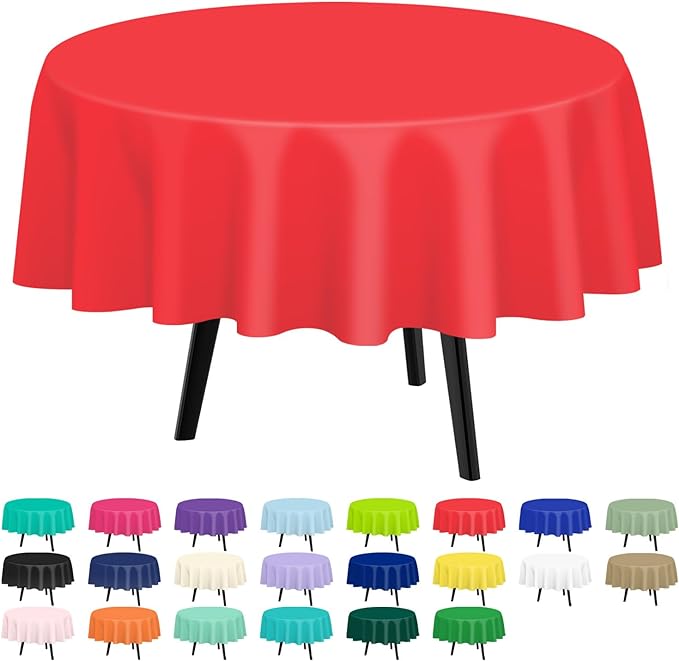 QIKSION Red Round Tablecloth 6 Pack, 84 Inch Plastic Table Cover Disposable by QIKSION