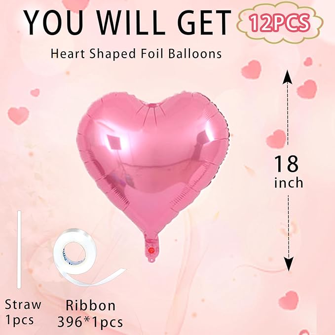 Pink Heart Balloons, 18inch Bright Pink Heart Shaped Foil Balloons 12Pcs Helium - Image 2
