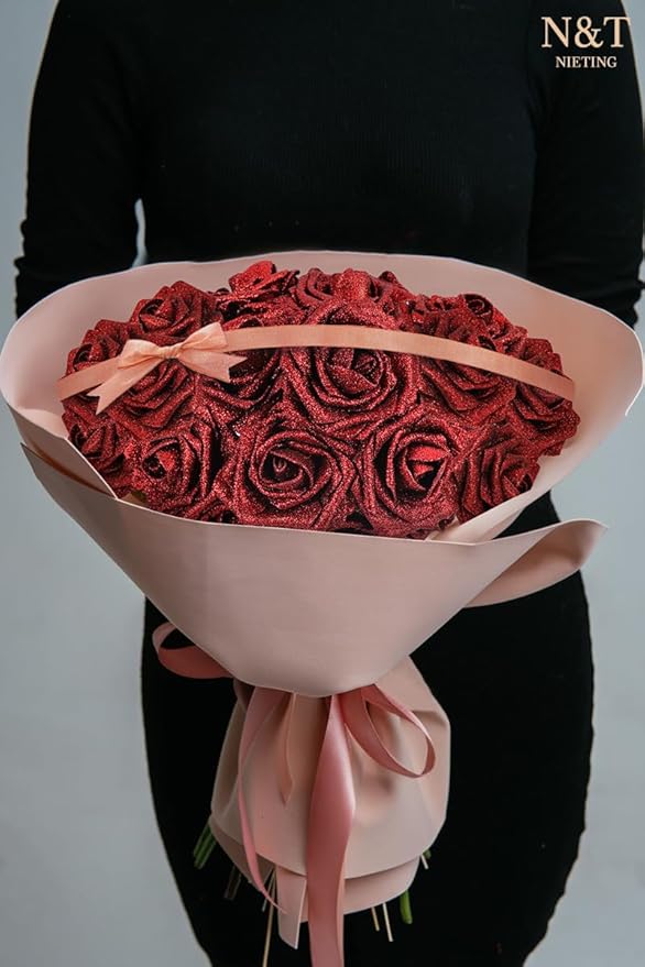 N&T NIETING Artificial Flowers Glowing Red Flowers Foam 50pcs Glitter Roses - Image 3