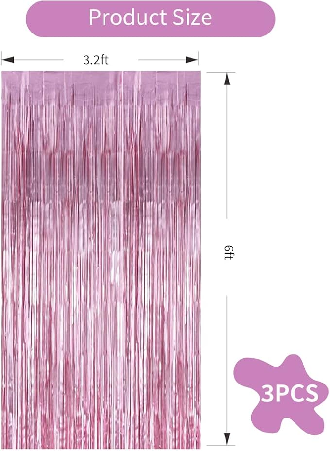 3Pcs Pink Metallic Tinsel Foil Fringe Curtains, 3.28ft x 6.56ft Pink Photo - Image 2