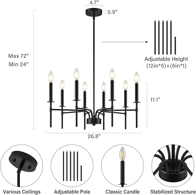 8 Light Black Chandelier Light Fixture, Modern Farmhouse Chandeliers - Image 4