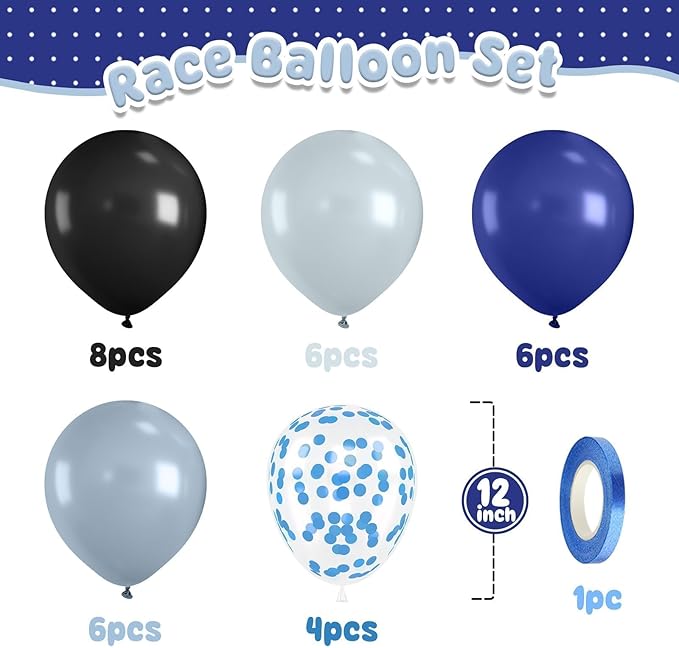 Race Car Balloon, Dusty Blue Black Latex Balloon - Image 2