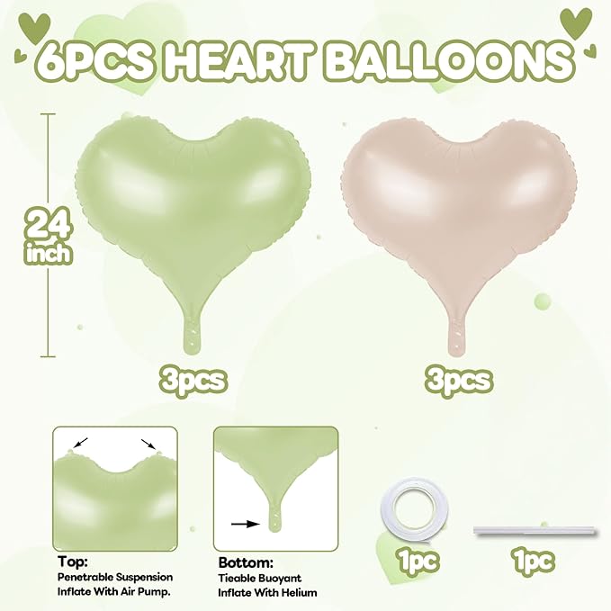 24 Inch Green and White Heart Balloons, Light Green Heart Shaped Foil Balloons - Image 2