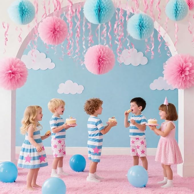 Pink and Blue Paper Pom Poms, Party Tissue Paper Flowers Balls - Image 2