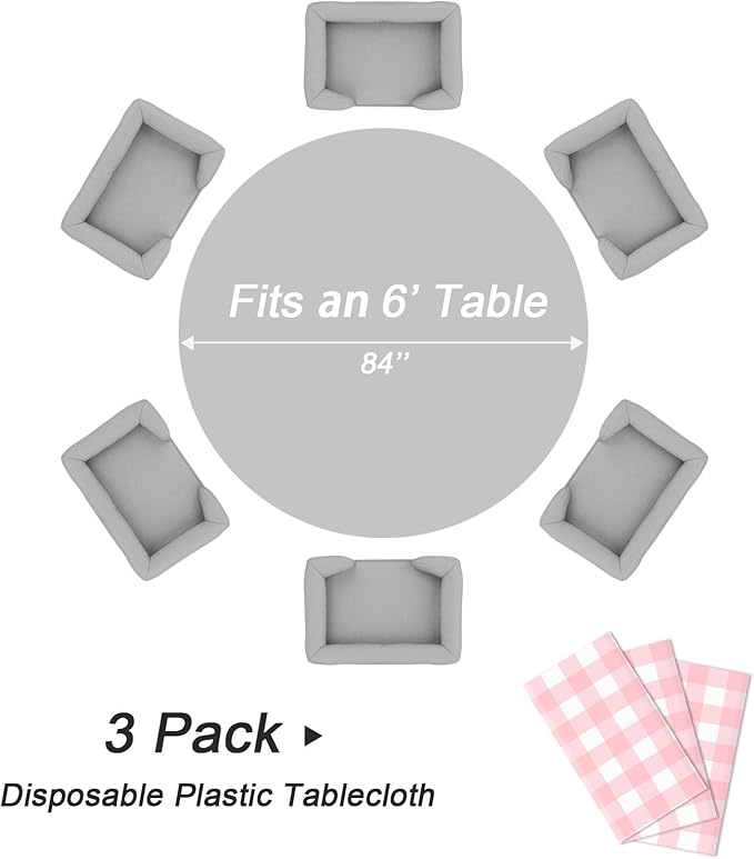 QIKSION Pink Gingham Round Tablecloth 3 Pack, 84 Inch Plastic Checkered Table - Image 5