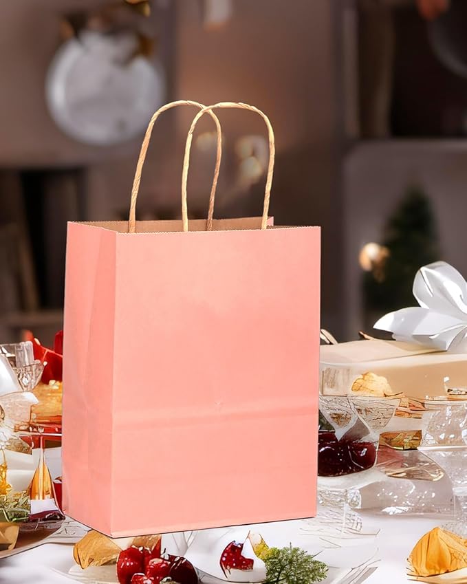 qiqee 100PCS Gift Bag with Handles Bulk Kraft Bright Pink Paper Bags Multiple - Image 5