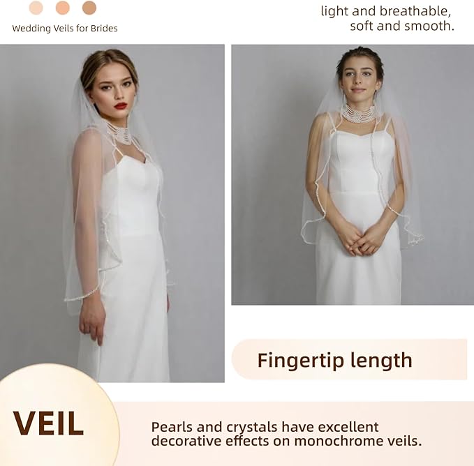 Bridal Veils Pearls and Crystals Beaded Edge Fingertip Length Wedding Veil - Image 4