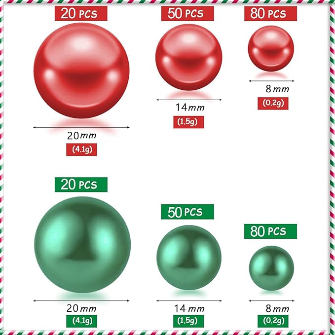300Pcs Red&Green Polished No Hole Pearl Beads Vase Filler, Christmas Vase - Image 2