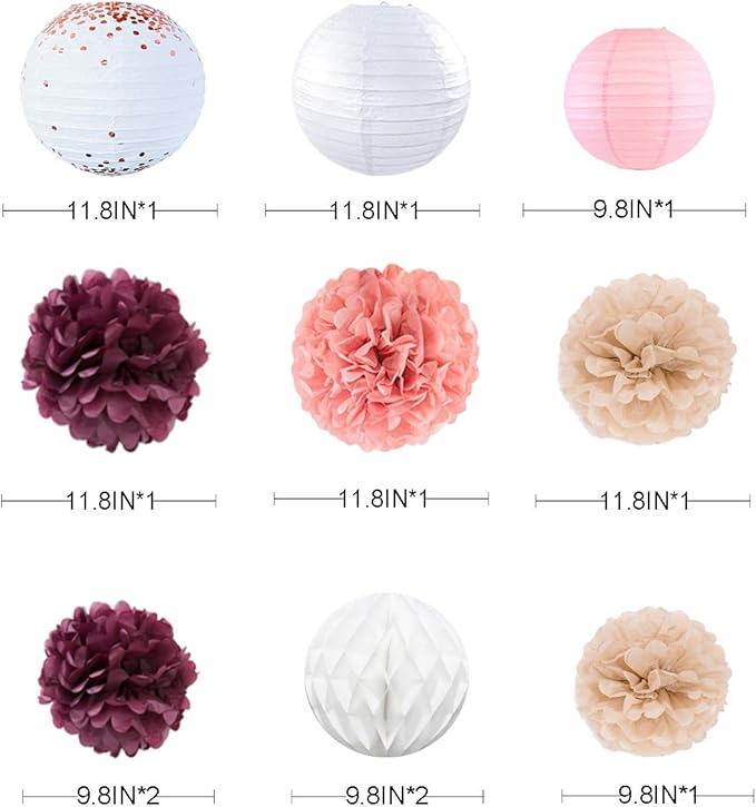 Burgundy Rose gold Pink Party Decorations Lanterns Flowers Pom Pom - Image 2