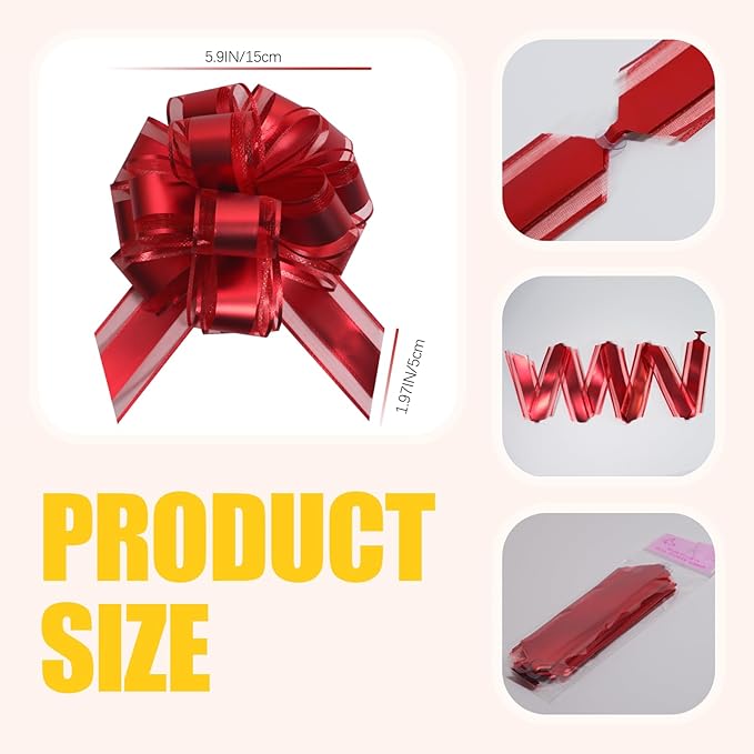 12 PCS 6 Inch Organza Red Pull Bows - Image 2