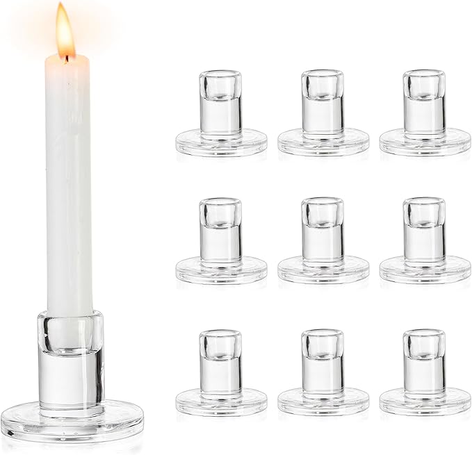 NUPTIO Glass Candle Stick Holder: Set of 10 Clear Small Taper Candlestick by Nuptio