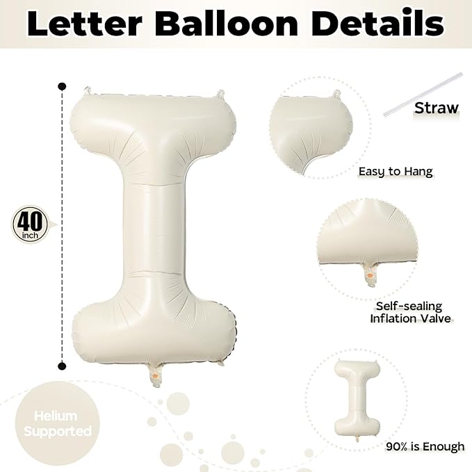 Cream 40 Inch I Foil Name Balloon, Self Inflating Large Letter Balloons - Image 2