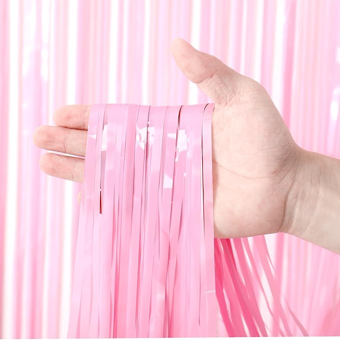 3 Pack 3.3 x 8.2 ft Pasel Pink Foil Fringe Backdrop Curtains, Tinsel Streamers - Image 2
