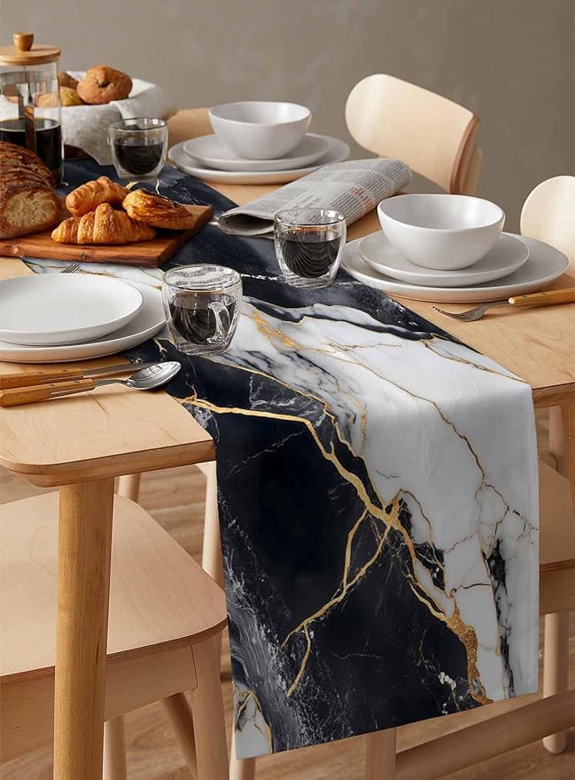 Black White Marble Cotton Linen Table Runner - Image 3