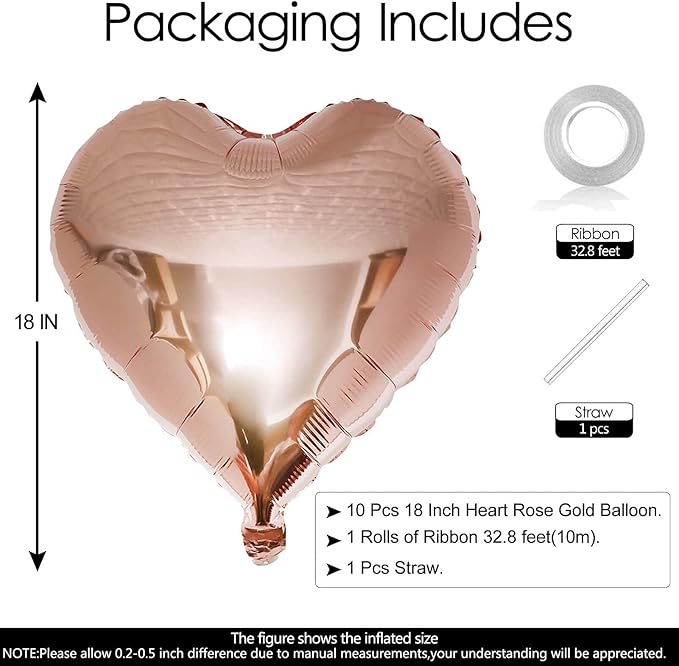 10pcs Rose Gold Foil Heart Shaped Balloons - Image 2