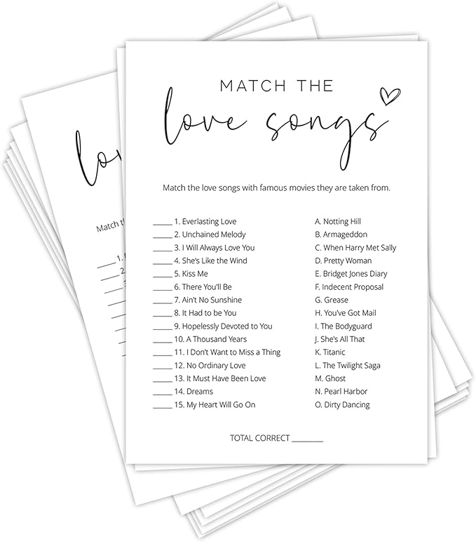 Bridal Shower Games, Match the Love Songs, Wedding Shower Games by Tsunerrorami