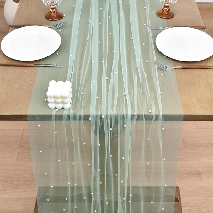 Joanlody Fall Pearl Table Runner 10ft Rustic Boho Tulle Table Runner - Image 5