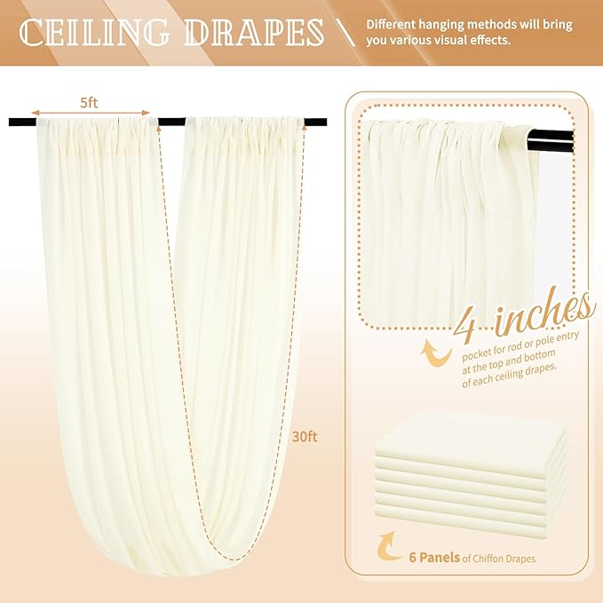 6 Panels Ivory Ceiling Drapes for Wedding 5ftx30ft Sheer Drapery Chiffon Fabric - Image 2