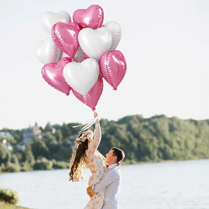 Heart Foil Balloons, 18 Inch White & Pink Heart Shape Mylar Balloons - Image 7