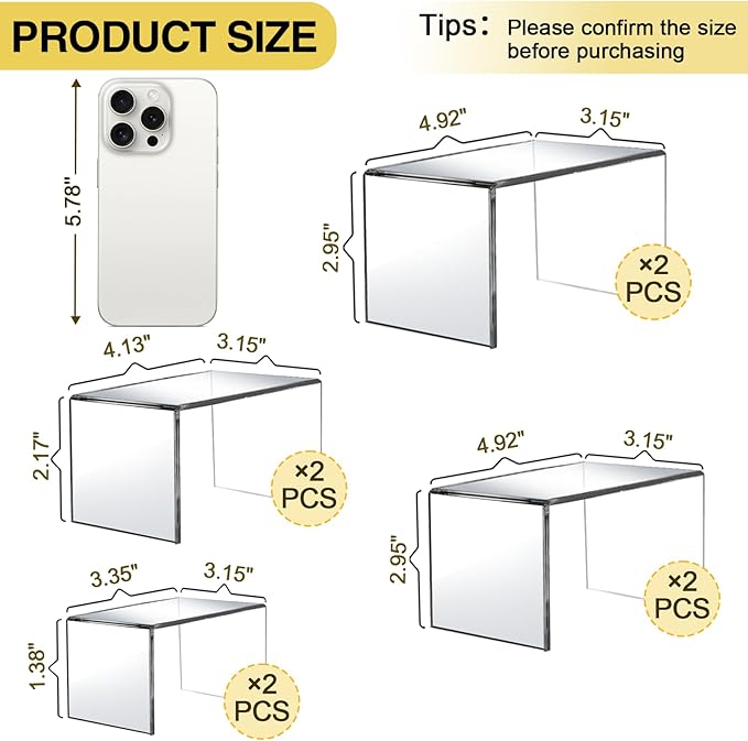 8 Pcs Acrylic Display Risers, 2 Sets Small Size Clear Acrylic Risers, 0.15" - Image 2