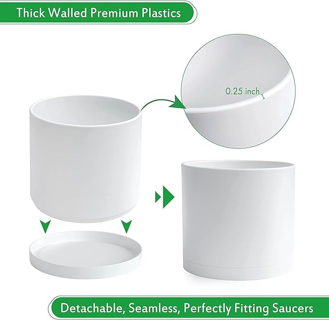 D'vine Dev 2 Pack 8 Inch Modern Plastic Plant Pots, Cylindrical Garden Planters - Image 6